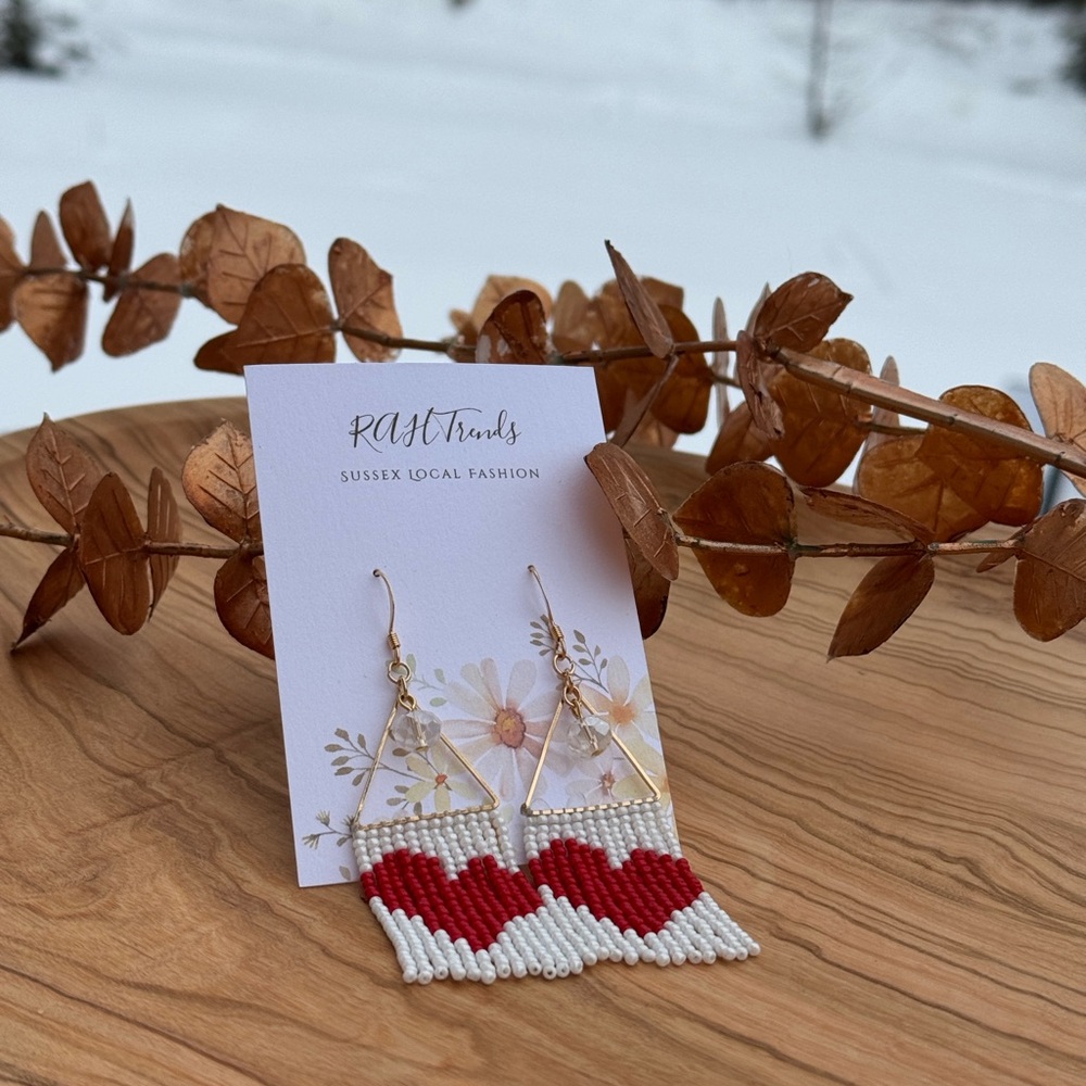 Red and White Beaded Heart Earrings